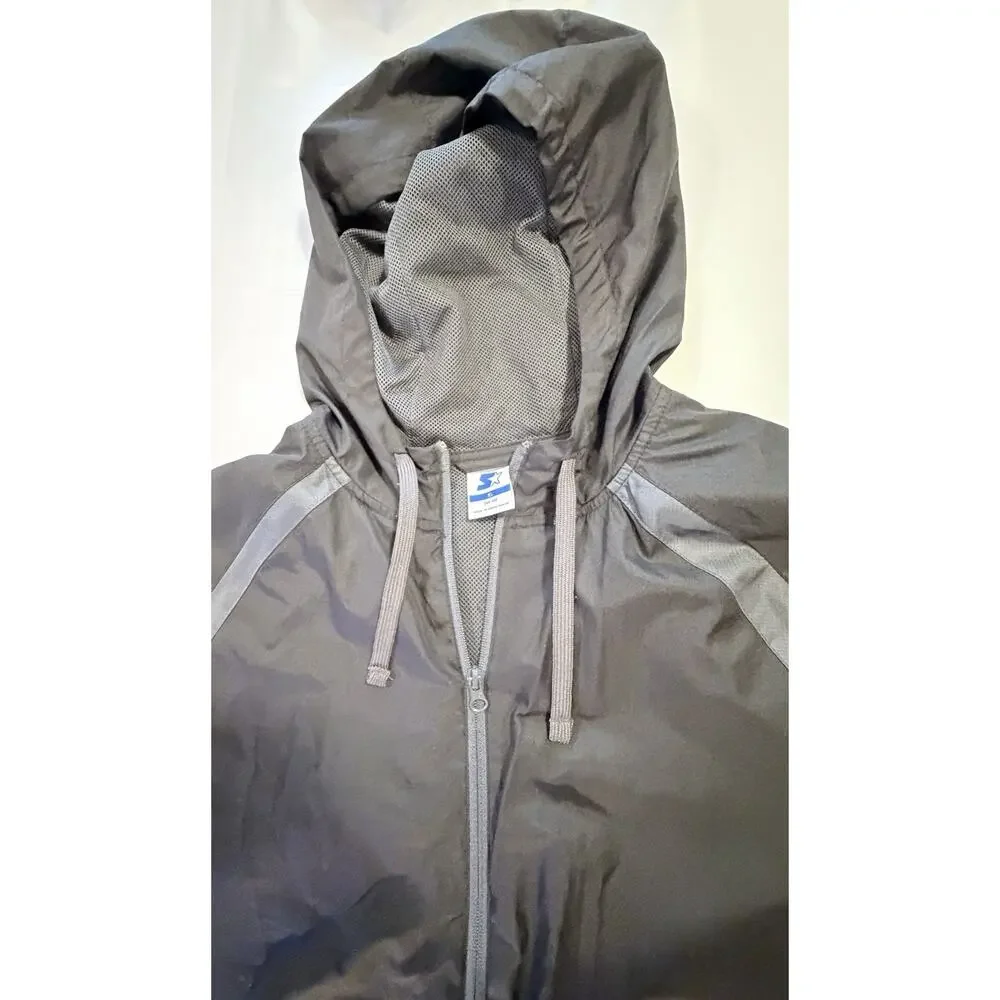 Vintage 90s Starter Jacket Zip Up Windbreaker Hooded Black Gray Mens XL (46-48) - Picture 2 of 6